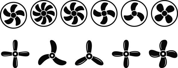 Black silhouette vector icon set of industrial fan blades, aircraft propellers, and cooling ventilators for engineering, aviation, and ventilation technology concepts. © fulbabu
