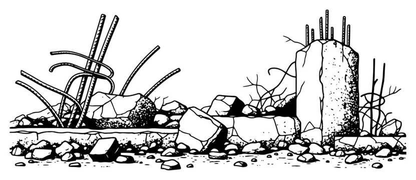 Detailed black and white sketch of concrete building ruins with iron rebar and debris