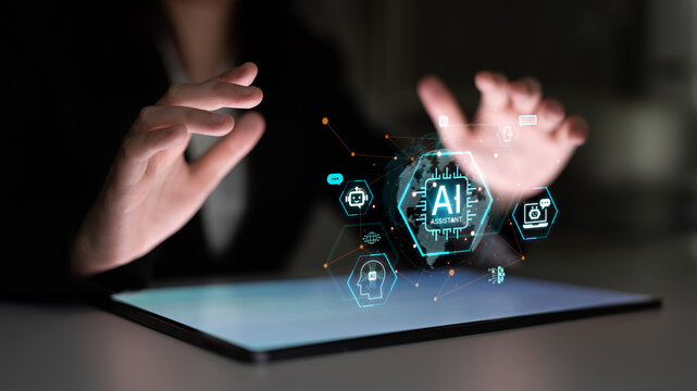 Global AI Assistant network and digital AI connectivity nodes on world globe cyberspace background, futuristic AI technology connected ecosystem. Neural network AI machine learning system. Corpus