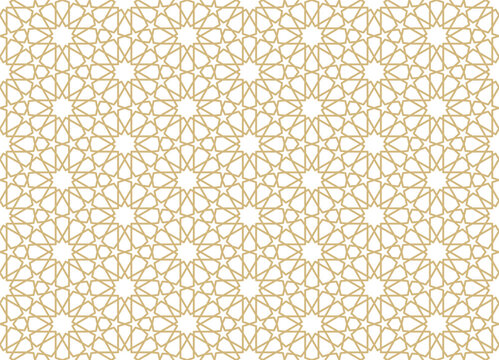 Seamless Islamic geometric pattern with elegant gold line art. Intricate star and polygon ornament on white background. Perfect for luxury wallpaper, Eid Mubarak design, packaging, Ramadan decor.