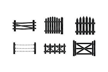 Silhouette of various wooden fence designs and styles in black