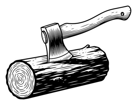 Woodcut style illustration of a sharp metal axe stuck in a wooden log representing lumberjack work