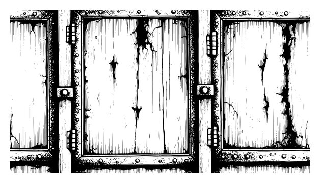 Woodcut style illustration of old cracked metal industrial panels with rivets and hinges