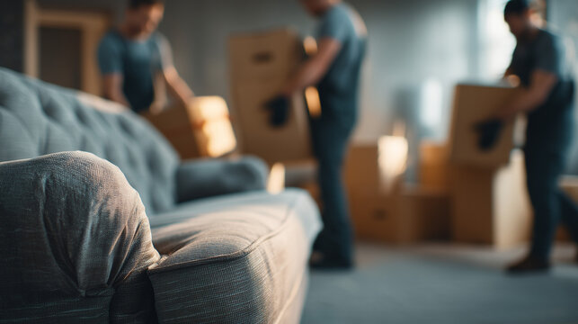 Professional movers carrying cardboard boxes in living room during relocation, moving service and home transportation concept.