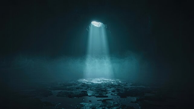 A majestic bright beam of light pierces through a dark mysterious cave from an opening above illuminating a wet rocky ground with an ethereal blue glow and subtle atmospheric mist creating a serene an