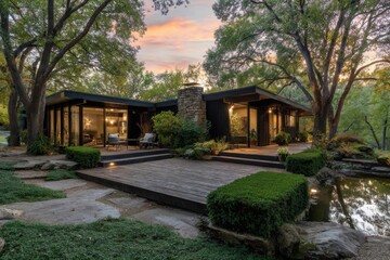 Obraz premium A contemporary home featuring expansive windows overlooks a serene pond, embraced by lush trees, creating a picturesque scene at sunset in a peaceful neighborhood