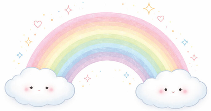 Cute pastel rainbow with smiling clouds vector illustration isolated for nursery decor baby design and playful kids art