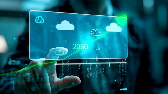 Person Interacting with Transparent Digital Weather Interface Display Showing Cloud Icons and 2050 Forecast Data
