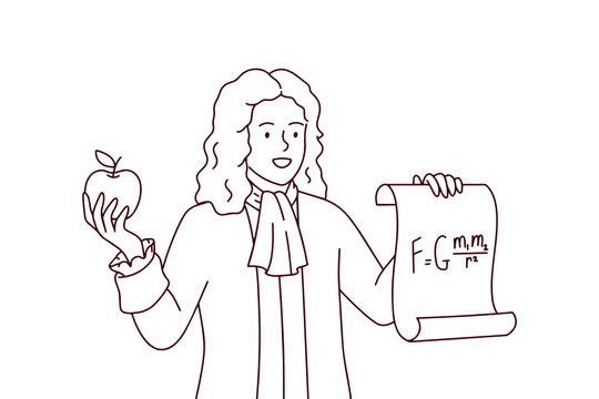 Sir Isaac Newton holds an apple while presenting the universal gravitation formula. Historical science lesson illustration for students about physics and legendary discoveries.