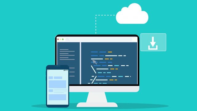 Animated computer screen showing programming code connected to cloud storage with mobile application interface, representing software development, cloud computing, and data transfer technology.
