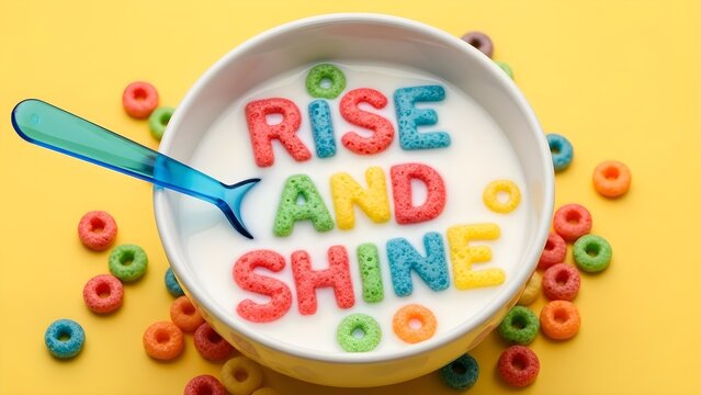 Colorful breakfast bowl with froot loops and morning greeting