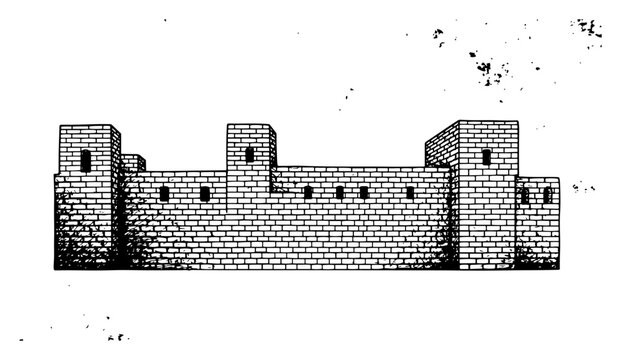 Vintage woodcut illustration of a medieval stone fortress wall with defensive towers and battlements