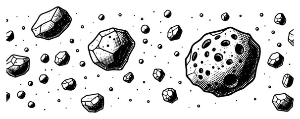 Set of cosmic asteroids and space stones in hand drawn engraved style © Logan