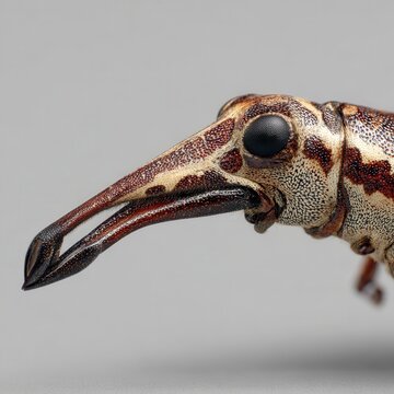 A macro shot of a weevil showcases the insect's remarkable rostrum and intricate features in a highly detailed insect portrait.