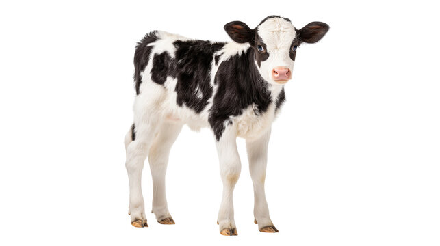 Young black and white spotted dairy calf standing isolated on white background.