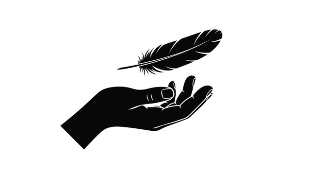 Graceful black silhouette of a human hand with a single feather floating gently above the palm to symbolize lightness, touch, and peaceful mood.