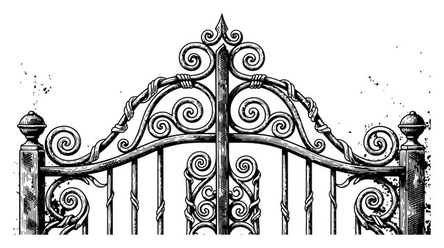 Highly detailed woodcut illustration of a decorative wrought iron gate with scrollwork