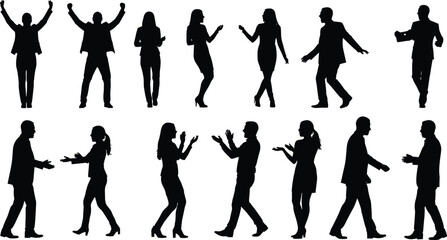 Obraz premium People silhouettes applauding cheering celebrating talking gestures men women teamwork success vector illustration set