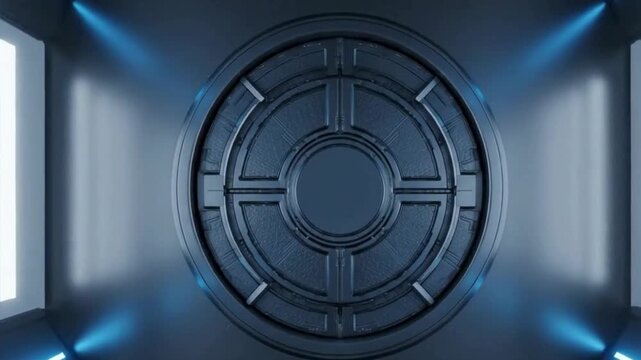 Futuristic blue digital bank vault door opening to reveal a glowing dollar symbol in a high tech circular interface design