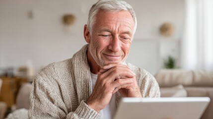 Fototapeta premium Elderly man in cozy living room makes video call on tablet with bright morning light and gentle expression