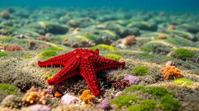 Vibrant Red Starfish Resting on a Coral Reef in Crystal-Clear Tropical Waters - Underwater Scene with Diverse Marine Life and Colorful Seaweed