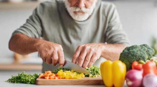 Older man chops vegetables in bright kitchen for healthy meal preparation during the day