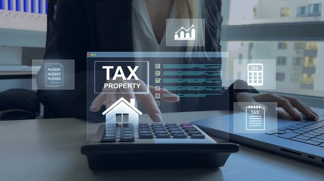 Tax property concept featuring financial documents, valuation data, and digital records ownership, fiscal control, compliance and organized real estate administration.