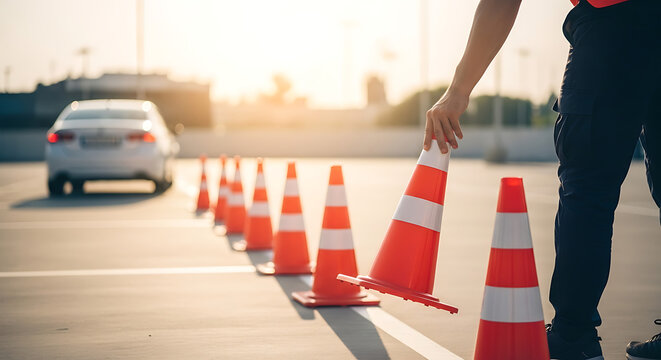 Driving school student arranging orange traffic cones for an essential car maneuvering test in sunlight