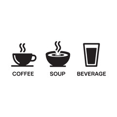 Obraz premium Three basic food and drink icons: hot coffee, steaming soup, and a glass of water. Simple vector graphics for restaurant menus and apps.