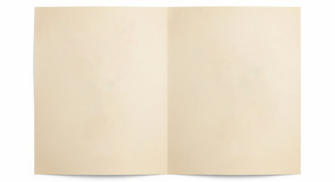 Blank open bi-fold menu or invitation mockup on aged cream paper isolated on white background for fine dining restaurant stationery and wedding card design template