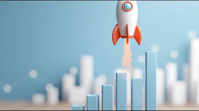 3D rocket launching upwards from a rising bar chart symbolizing business growth and success
