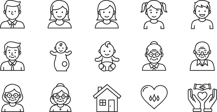 Family and community line icon set with children adults baby home love and care symbols isolated on white background design