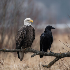 Fototapeta premium Bald eagle and raven perched together on bare branch in moody winter landscape