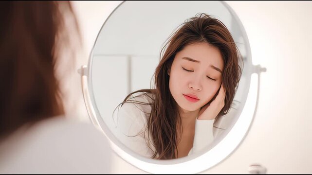 Young Asian woman looking in mirror with sad expression, touching her face