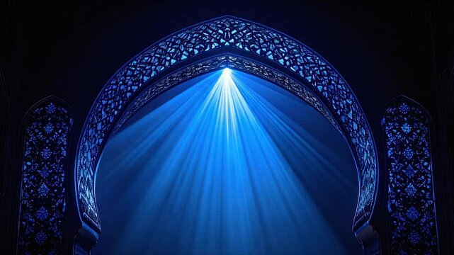 An archway with intricate details frames bright blue light, emanating from the top