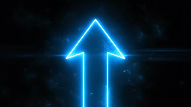 Illuminated blue neon arrow pointing upwards against a black background