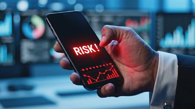 Investor views financial risk on phone, market decline highlighted, business concept