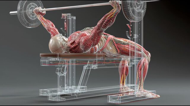 Anatomical illustration of a man performing a bench press with visible muscles and skeletal structure