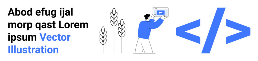 Person holding screen with play button, surrounded by wheat graphic and coding tag. Ideal for technology, coding, presentation, agriculture, innovation, media, and simple landing page