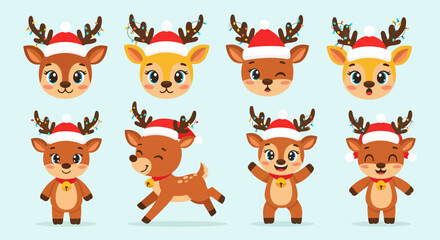Fototapeta premium Collection of cartoon reindeer in Santa hats, various poses, festive illustration, holiday theme, digital artwork