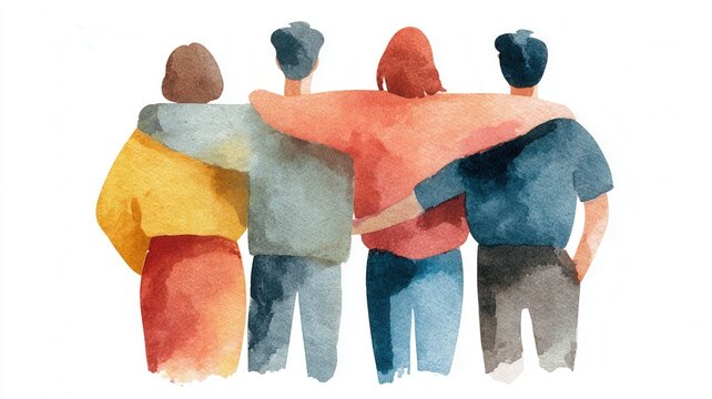 Diverse group of friends standing together, arms around shoulders, symbolizing and unity, community support
