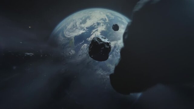 Asteroids sail above planet. Rocks gently drift in orbit around celestial body. Potential hazards and resource opportunities disclosed by drifting space debris and asteroids