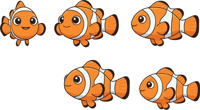 Cute Clownfish Cartoon Vector Set with Different Poses Isolated on White Background for Marine and Aquarium Design