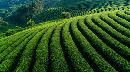 Fototapeta premium A lush tea plantation scene representing agriculture, sustainability, and scenic rural landscapes.
