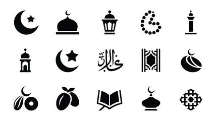 Fototapeta premium Islamic logo bundle featuring crescent moon stars mosques lanterns arabic calligraphy and geometric patterns on white background