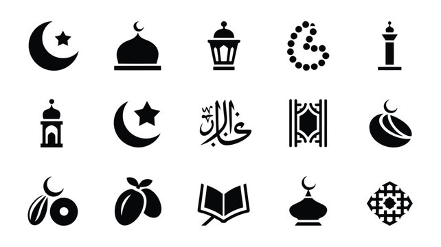 Islamic logo bundle featuring crescent moon stars mosques lanterns arabic calligraphy and geometric patterns on white background