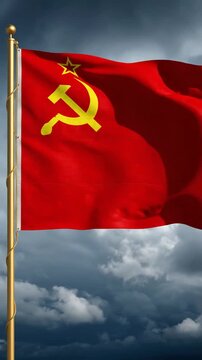 Soviet Union flag flying on pole under dramatic sky