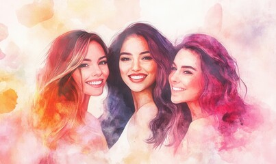 Obraz premium Three women's faces in creative watercolor artwork expressing femininity, beauty, and unique style colors vibrant