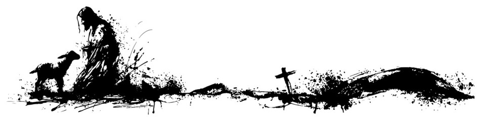 Spiritual silhouette landscape with a person kneeling near a cross and ink splashes