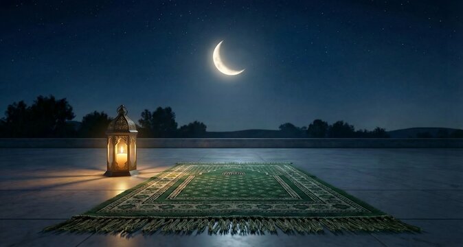 A spiritual scene featuring traditional green patterned prayer rugs and ornate gold lanterns with lit candles, placed on a marble terrace at night. The theme is prayer for Muslims.